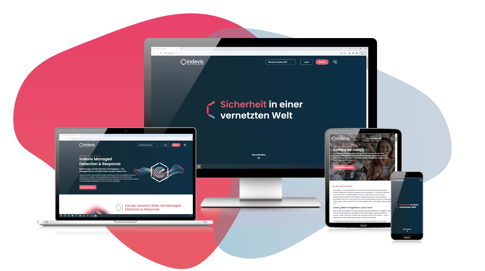 Neue indevis Website mit modernem Design und drei Bereichen Protection – Detection – Response